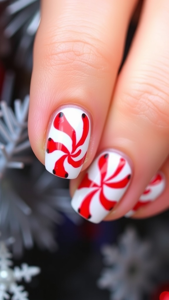Short peppermint Christmas nails with red and white stripes on a festive background.